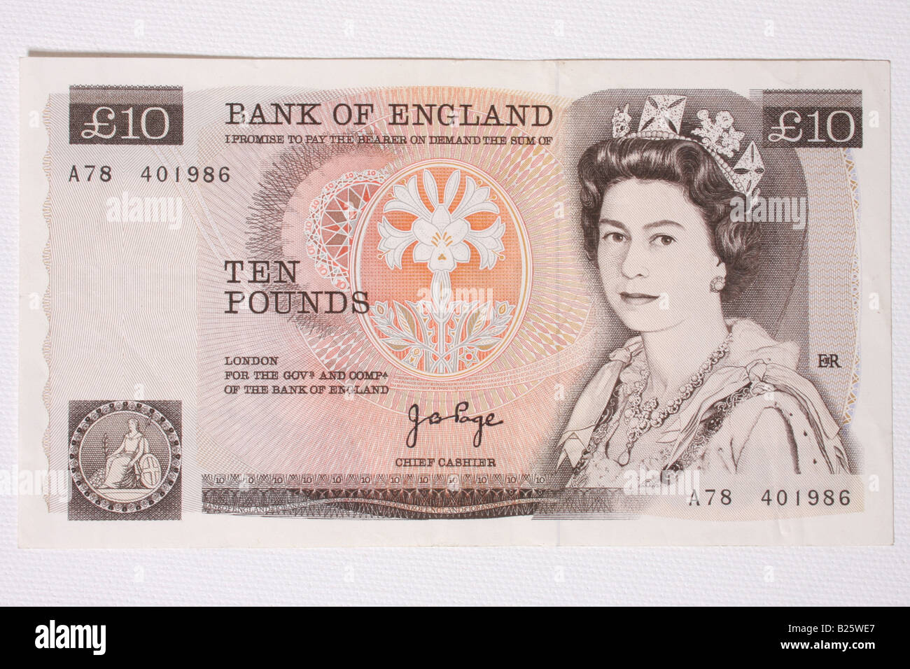 Vorne eine alte englische zehn-Pfund-Note. Stockfoto
