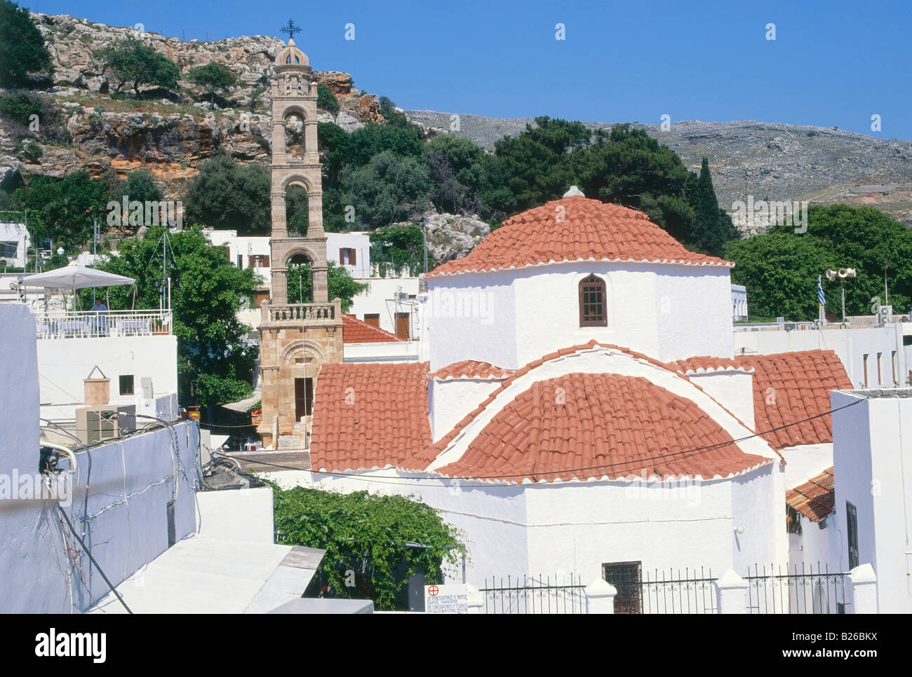 Kirche der Entschlafung der Heiligen Mutter Gottes, Lindos, Rhodos, Dodekanes, Griechenland Stockfoto