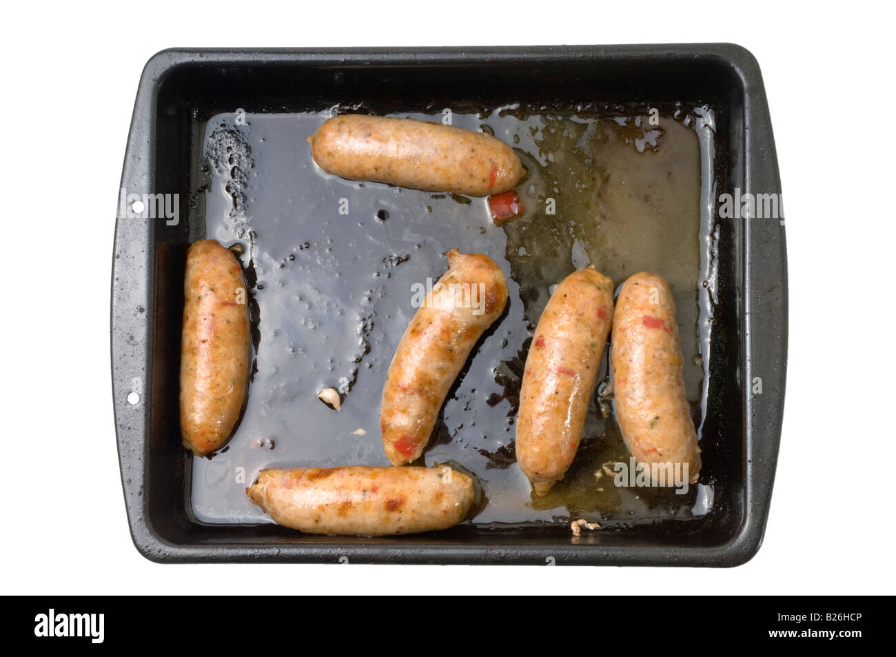 Sechs 6 Ofen gebacken britische Schweinefleisch Jalapeño-Chili-Würste Stockfoto