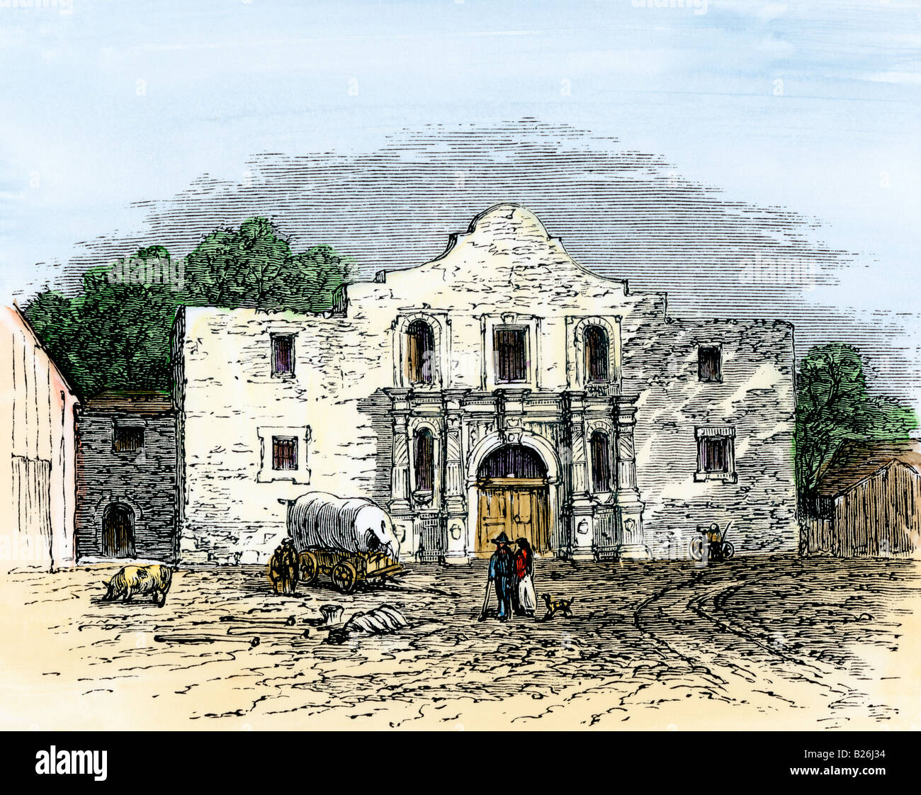 Die Alamo in San Antonio Texas 1800. Hand - farbige Holzschnitt Stockfoto