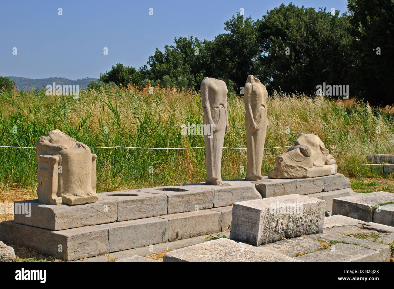 Statuengruppe des Bildhauers Geneleos, Ausgrabungsstätte Heraion, Hera Temple, Samos, Griechenland Stockfoto