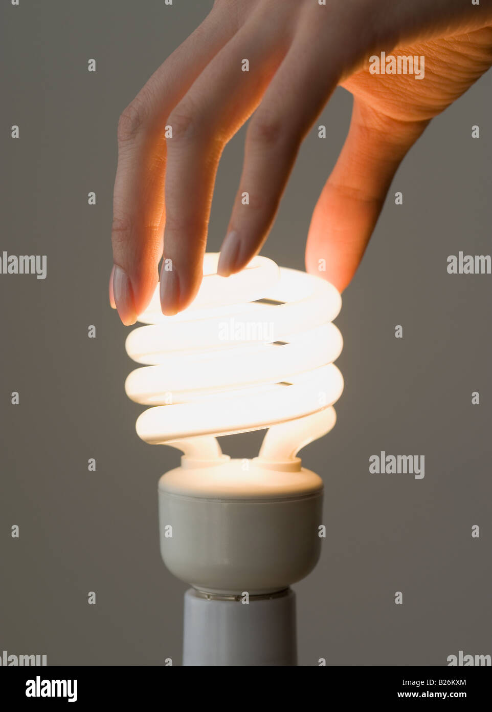 Frau, die Energie-effiziente Glühbirne einschrauben Stockfoto