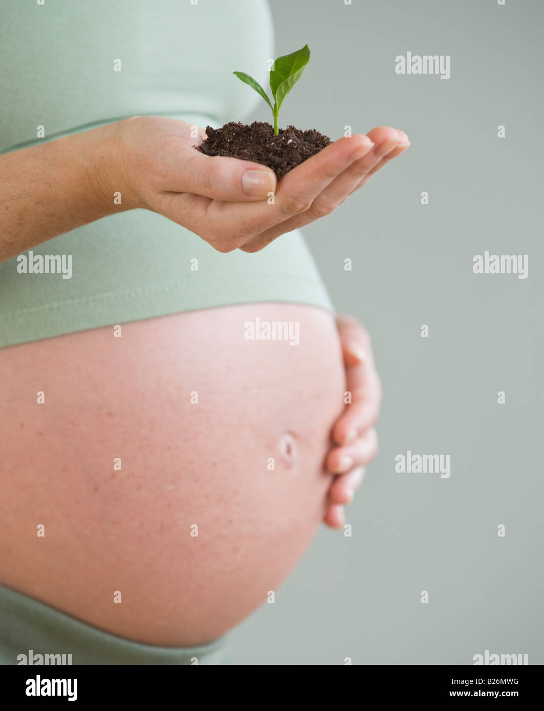 Schwangere Frau mit Boden und Pflanze Stockfoto