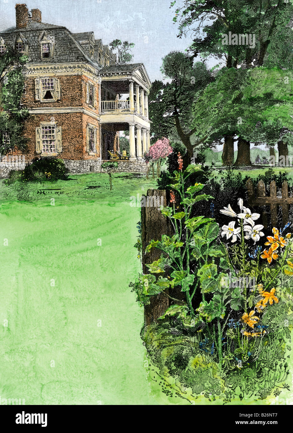 Manor House von Shirley Plantation auf dem James River Virginia, in den 1700er Jahren gebaut. Hand - farbige Holzschnitt Stockfoto