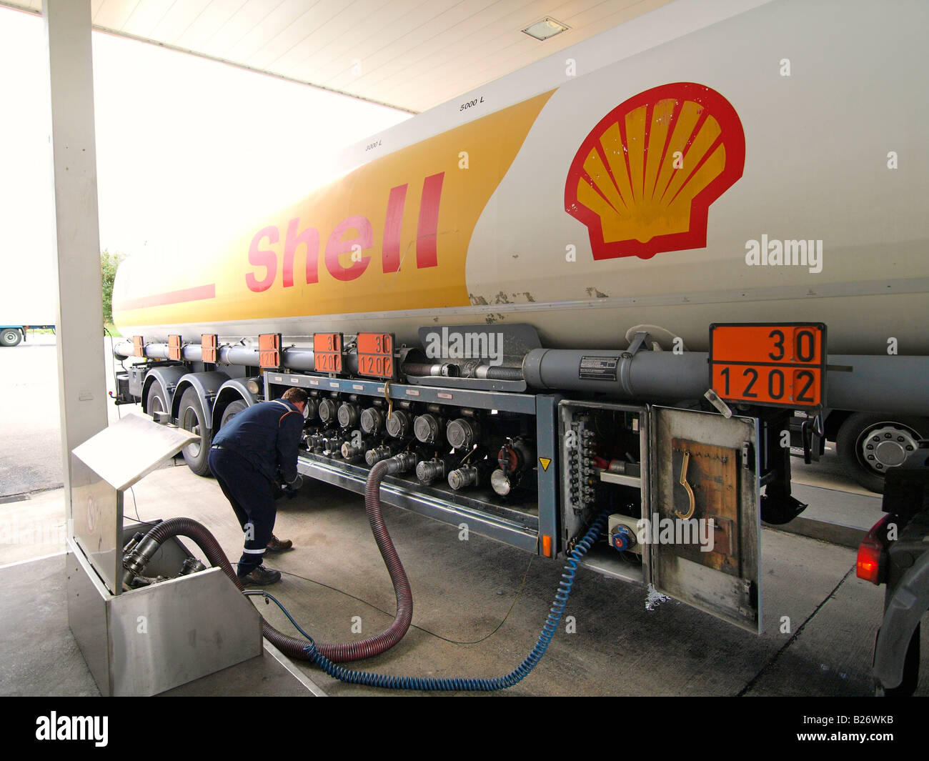 Shell LKW liefern Dieselkraftstoff an einer speziellen Tankstelle für LKW Hazeldonk-Niederländisch-belgischen Grenze Belgien Stockfoto