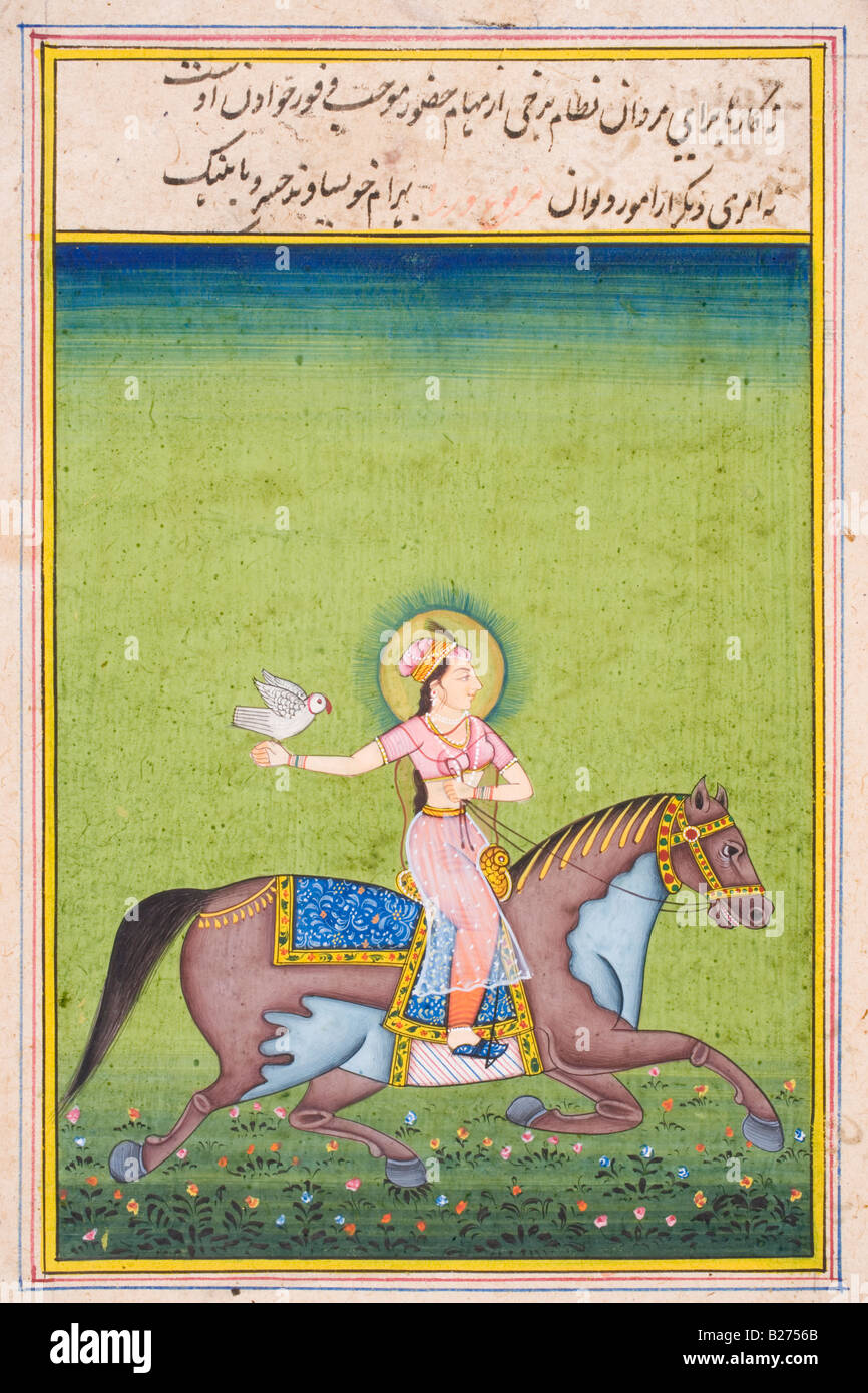 Dame mit Falken Reitpferd.  Rajasthani Miniaturmalerei. Stockfoto