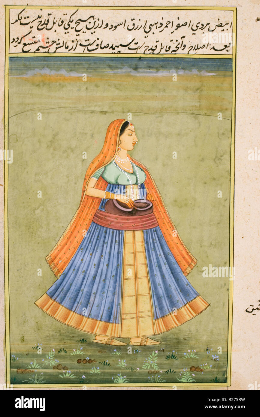 Dame mit Töpfen in ihrem Taillenband.  Rajasthani Miniaturmalerei. Stockfoto