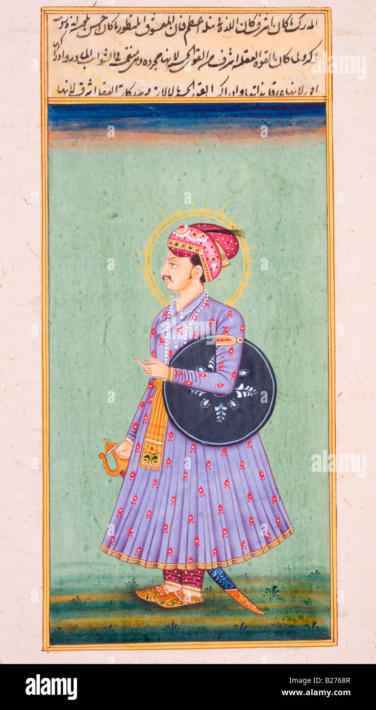 Mann mit Turban mit Schild und Schwert.  Rajasthani Miniaturmalerei. Stockfoto