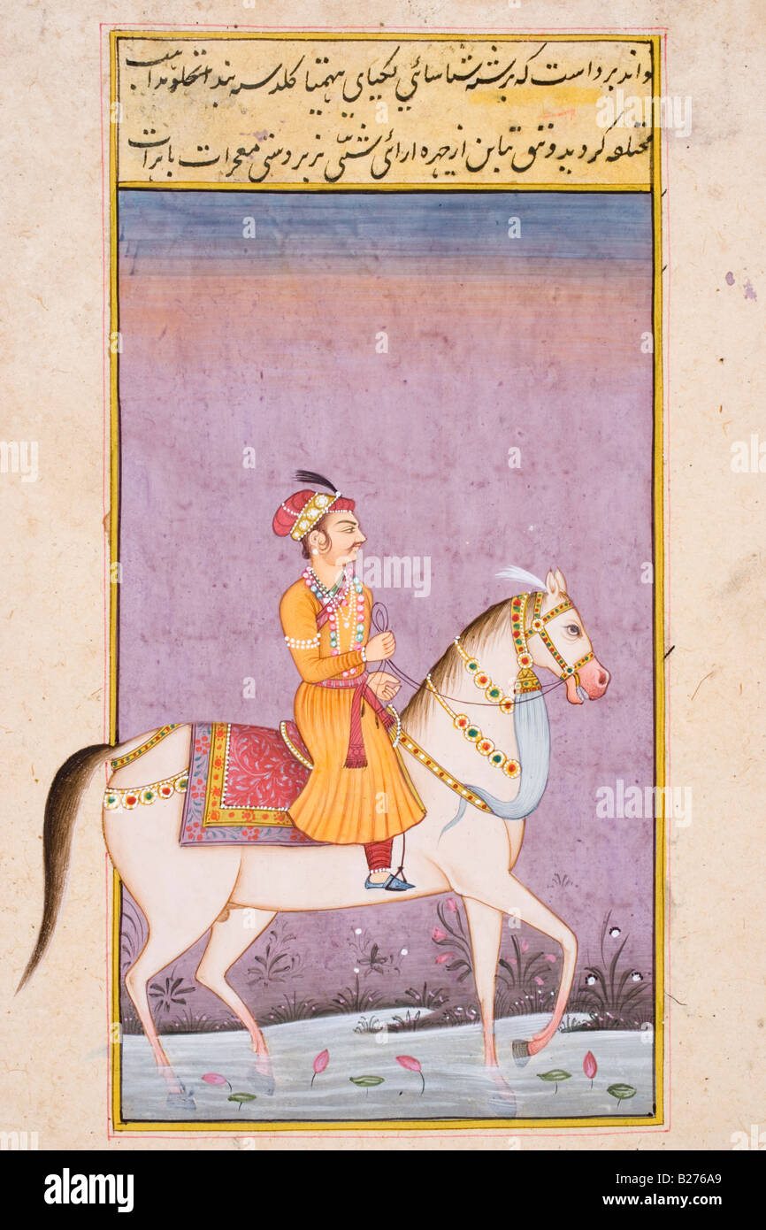 Mann in Turban White Reitpferd zu Fuß durchs Wasser.  Rajasthani Miniaturmalerei. Stockfoto