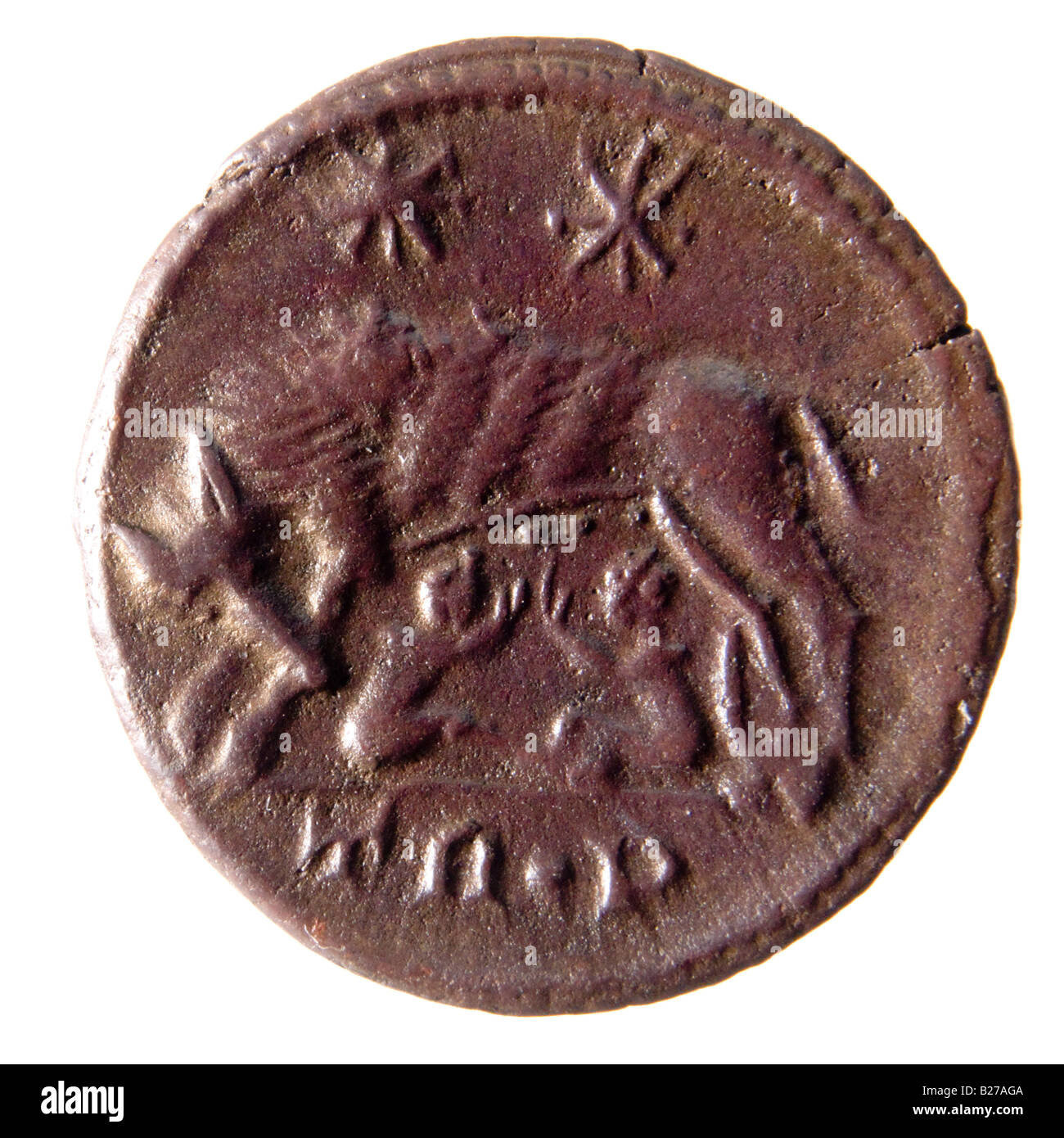 Römische Bronzemünze. Constantinus ich (307-338AD) rückgängig machen: Romulus und Remus mit Wolf rechts Stockfoto