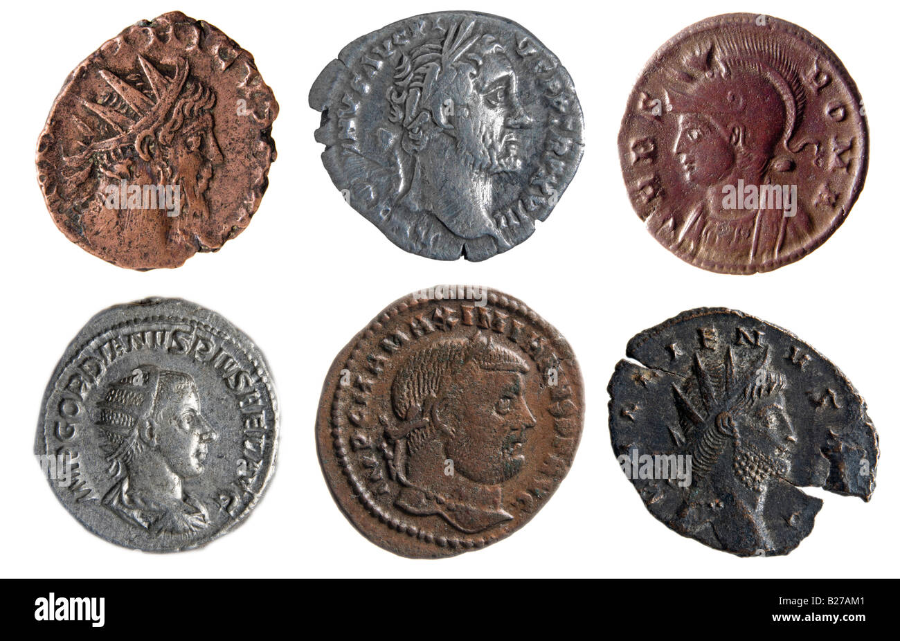 Silber und Bronze römische Münzen zeigt Kaiser Köpfe. Vorderseite Stockfoto