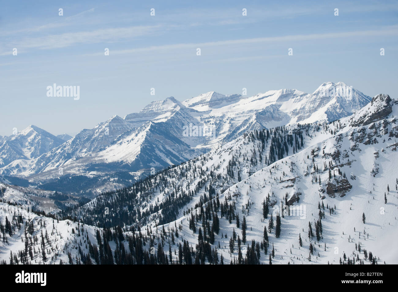 Schneebedeckte Berge, Wasatch Mountains, Utah, Vereinigte Staaten von Amerika Stockfoto