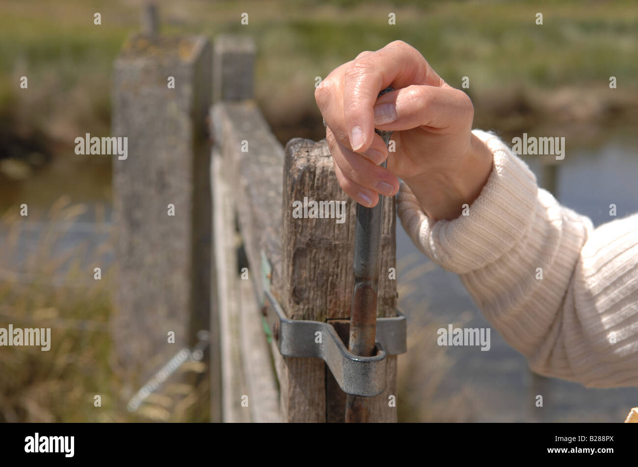 Eine Frau geht durch ein Tor in den sieben Schwestern Country Park Stockfoto