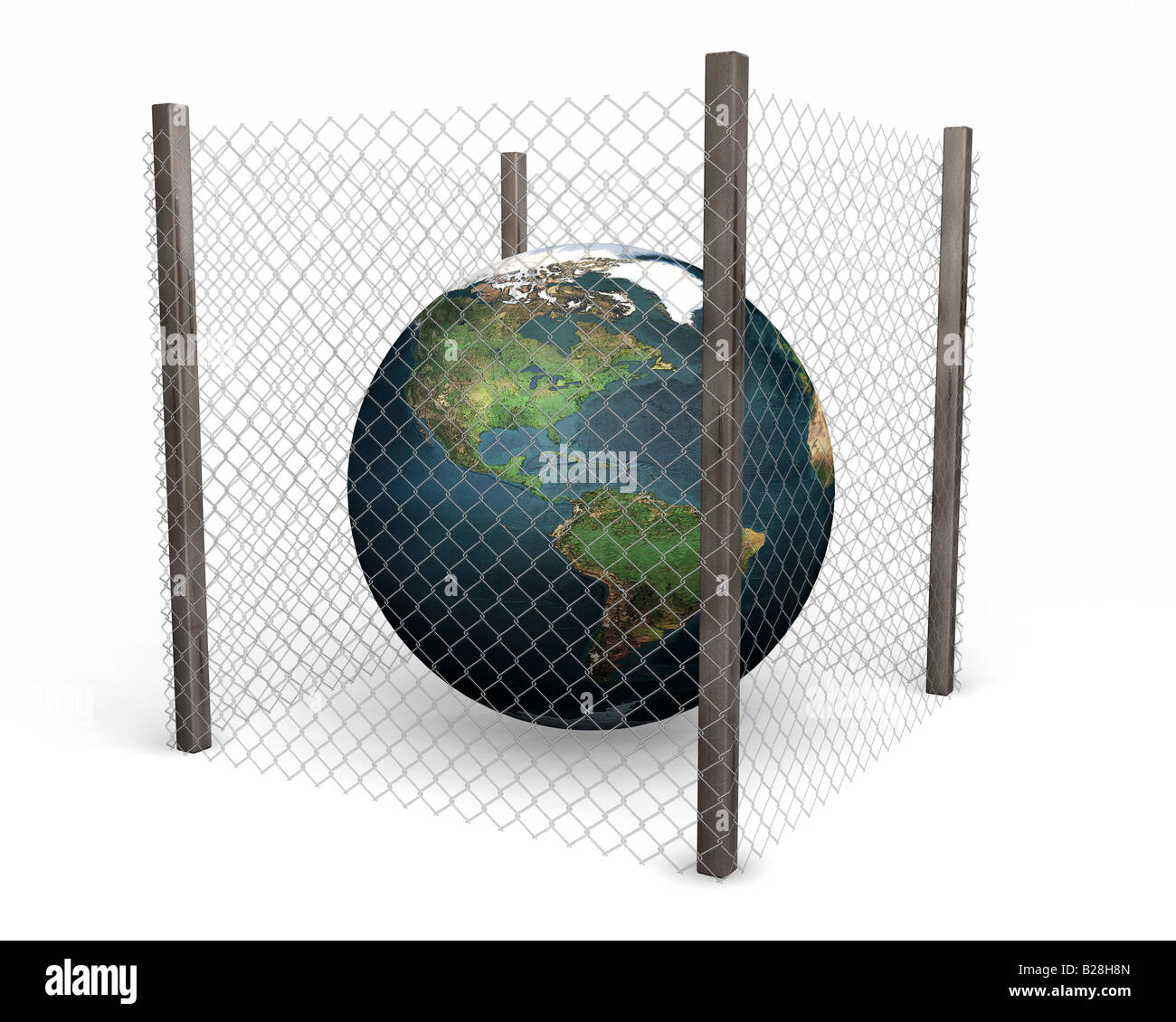 3D Rendern eines Globus hinter einem Drahtzaun Stockfoto