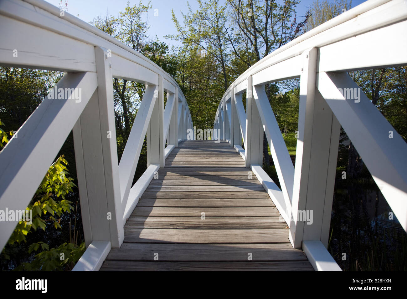 Hölzerne Fußgängerbrücke über einen Teich, Somesville, ME Stockfoto