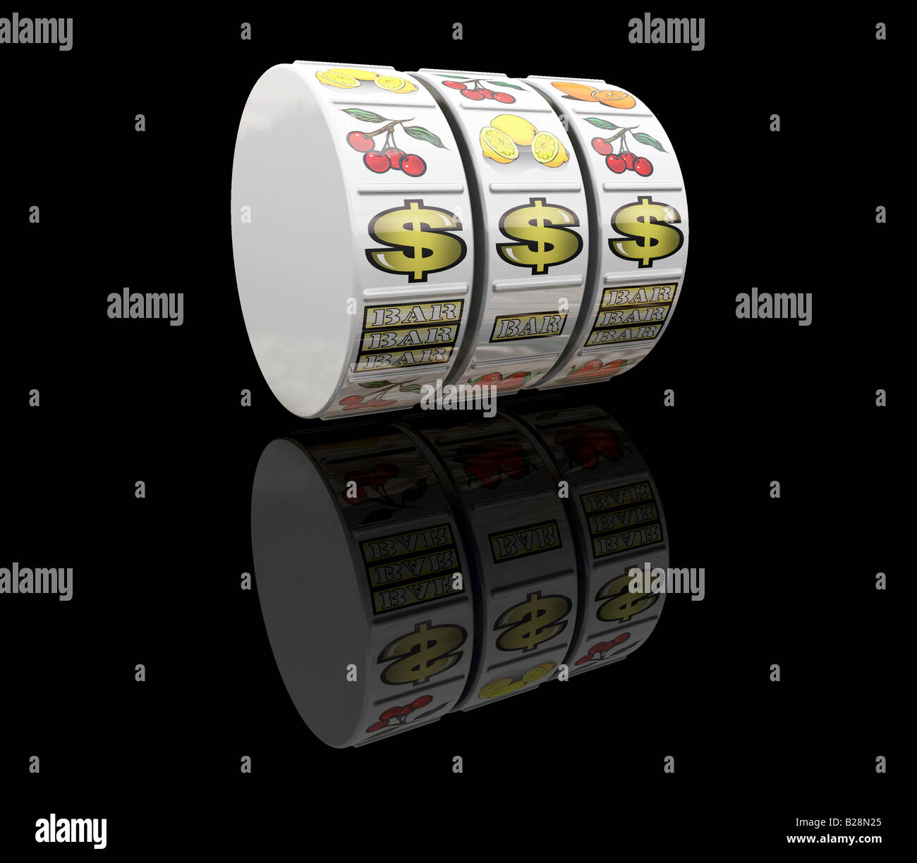 3D Render Spielautomaten Walzen mit Jackpot-Gewinn Stockfoto