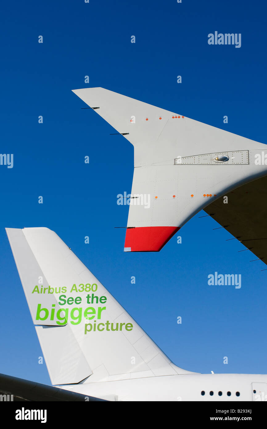 Airbus A380-Flugzeuge Flügel Winglets Textfreiraum Stockfoto