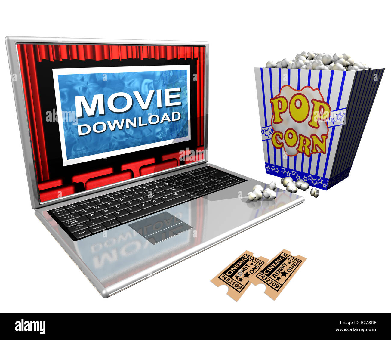 Isolierte Abbildung aus einem Laptop und einem Eimer Popcorn porträtiert der Film-Downloads über das Internet Stockfoto