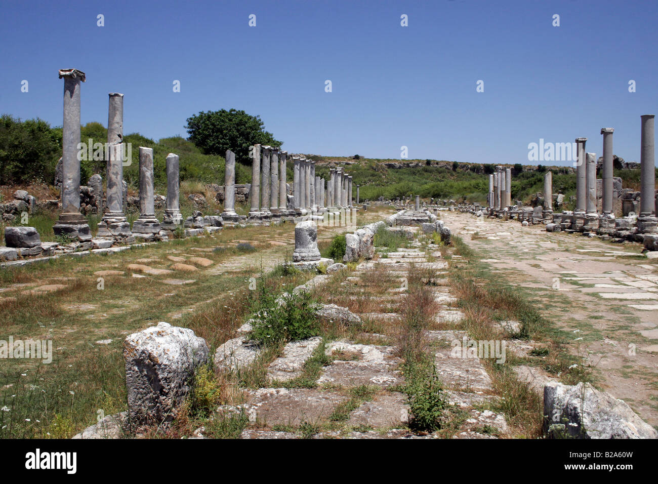 RÖMISCHES PFLASTER UND KOLONNADE IN PERGE, TÜRKEI. Stockfoto