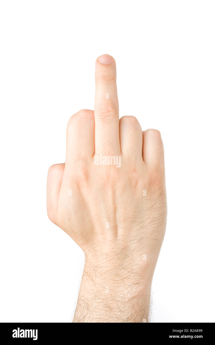 Zeigt den Finger isoliert auf weißem Hintergrund Stockfoto