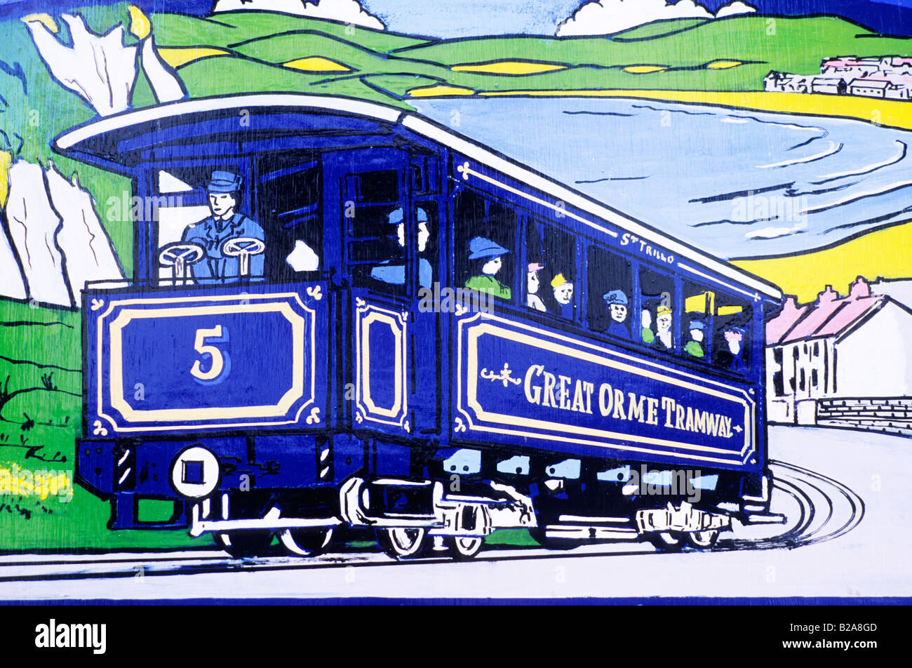 Llandudno Poster zur Straßenbahn Endstation Great Orme Wales UK Straßenbahn Straßenbahn Triebwagen Verkehrsmittelwerbung Stockfoto