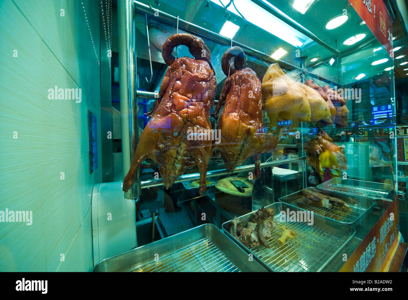 Beängstigend Essen oder leckere Ente? Schaufenster der Nudel-Restaurant in Mong Kok, Kowloon, Hong Kong, China. Stockfoto