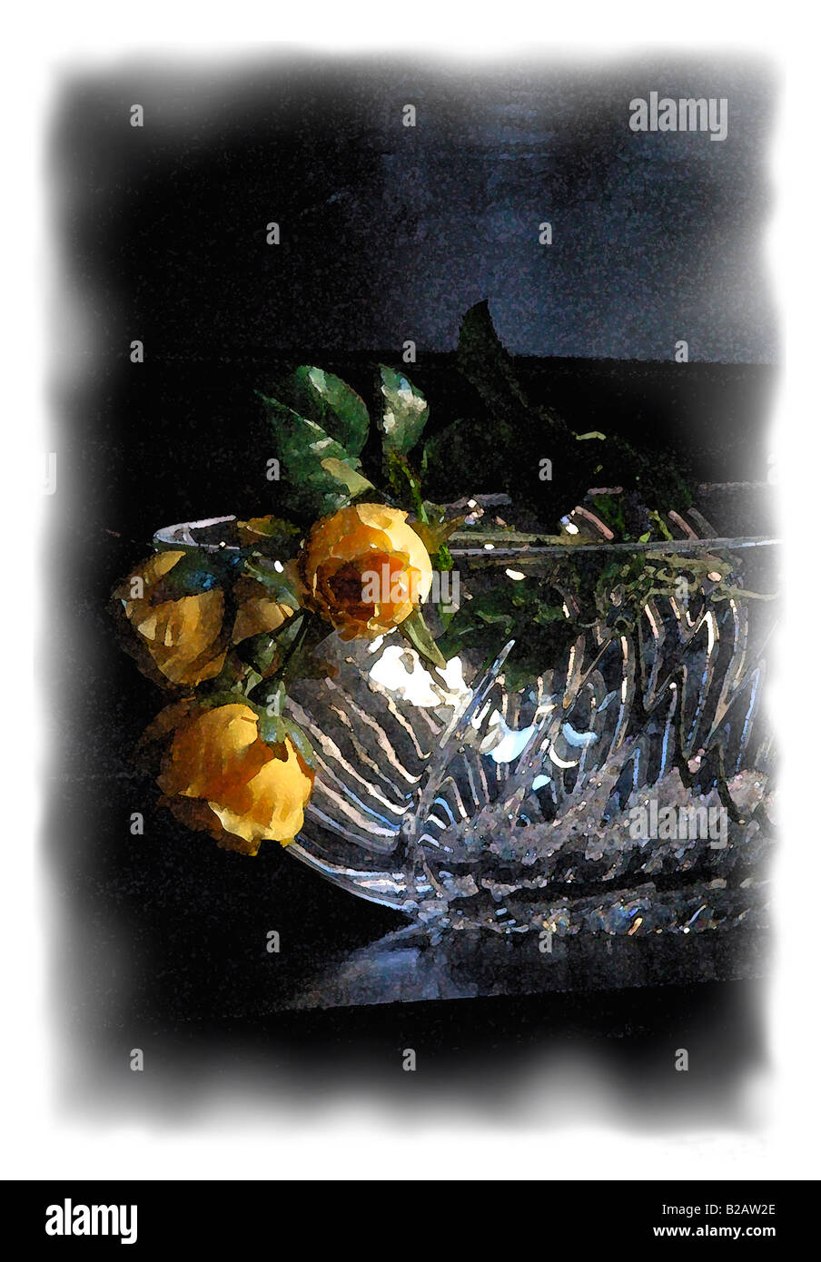 Stillleben mit einem Kristall Cup und gelben Blumen. Aquarell Malerei Effekt. Stockfoto