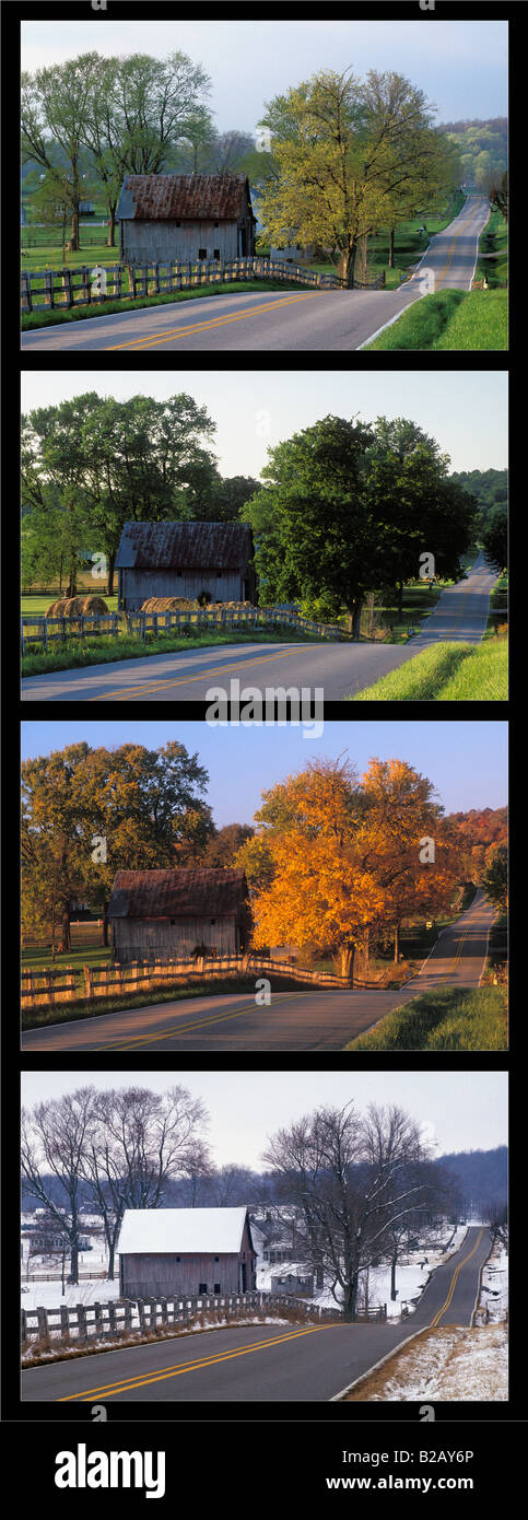 Vier Jahreszeiten Blick auf Landstraße durch ländliche Landschaft in Washington County Indiana Stockfoto