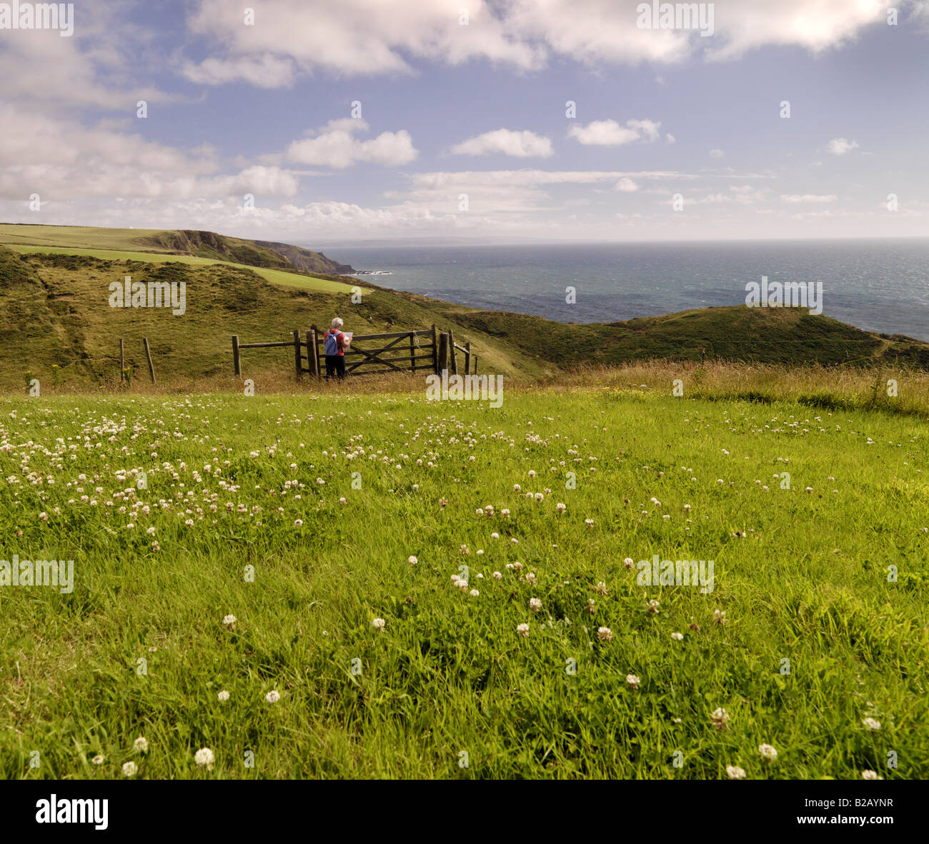 Eine entfernte Frau Wanderer kommt durch ein Tor und Köpfe entlang der Küste Nord-Devon Stockfoto