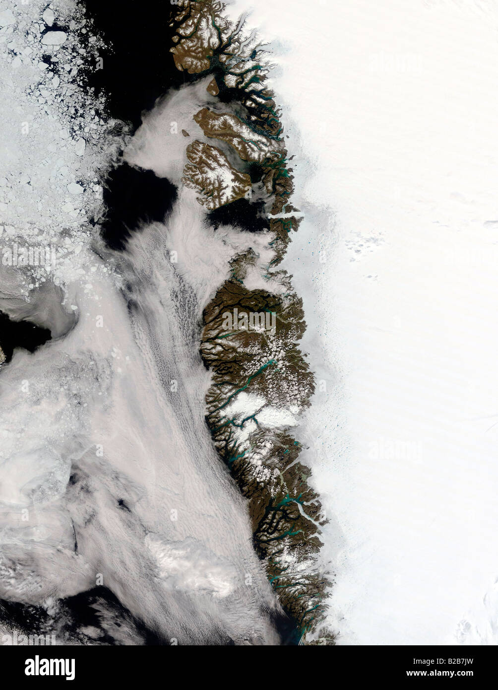 Schmelzwasser Teichen entlang der Westküste Grönlands.  26. Juni 2008 an 15:05 UTC. Stockfoto