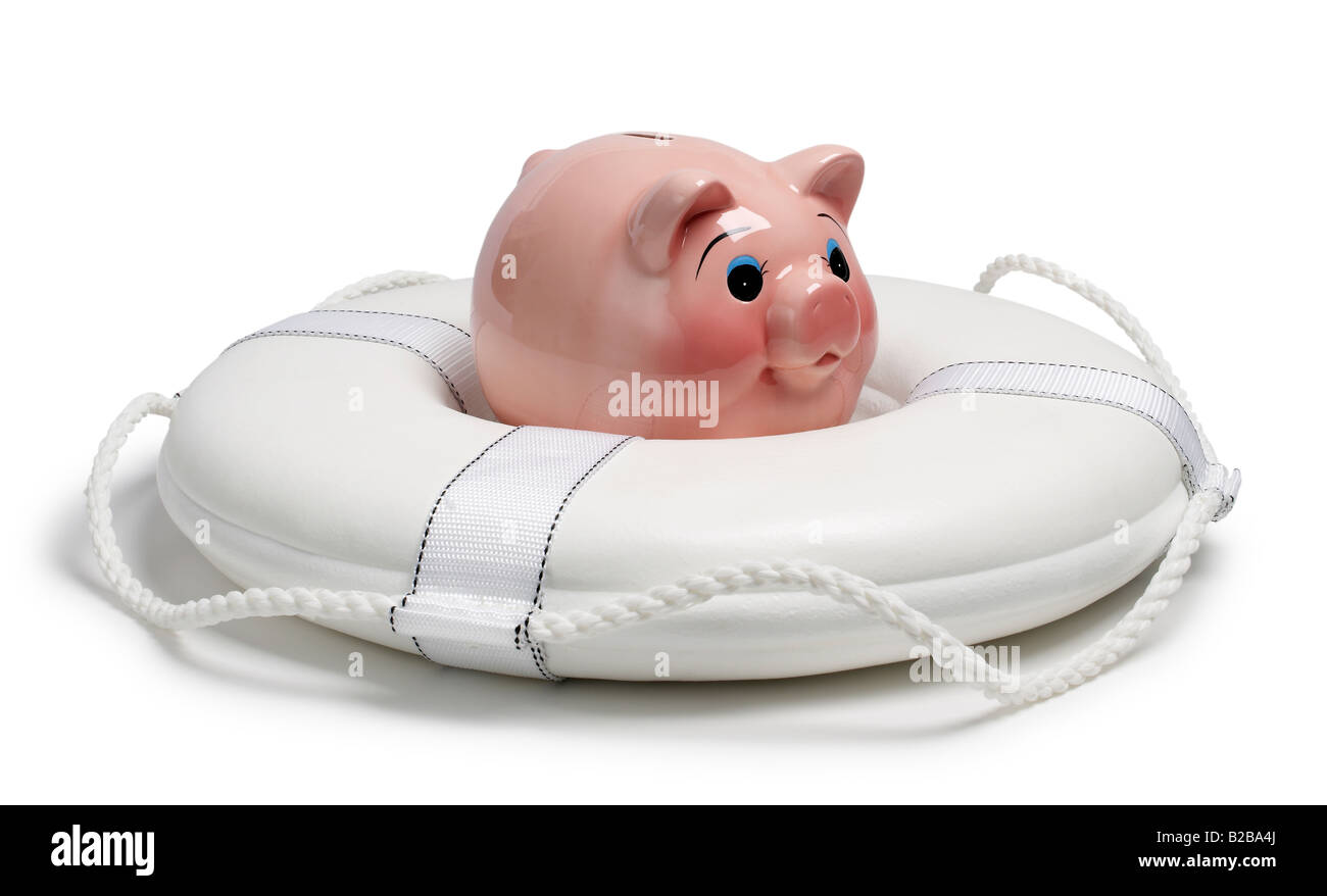 Piggy Bank in Rettungsring Rettungsweste Stockfoto
