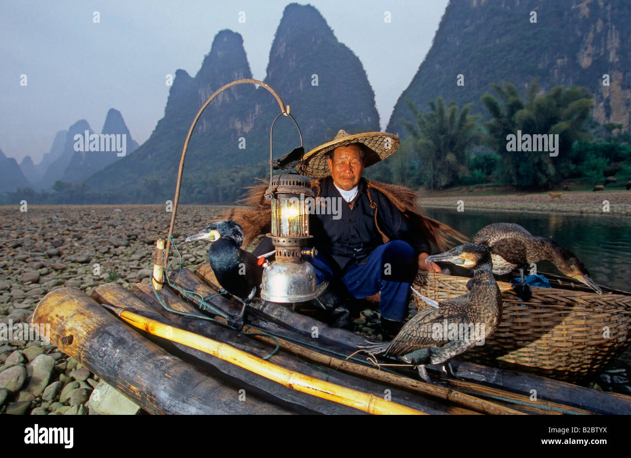 Typische Fischer mit Kormoranen, Xingping, Guangxi, China, Asien Stockfoto