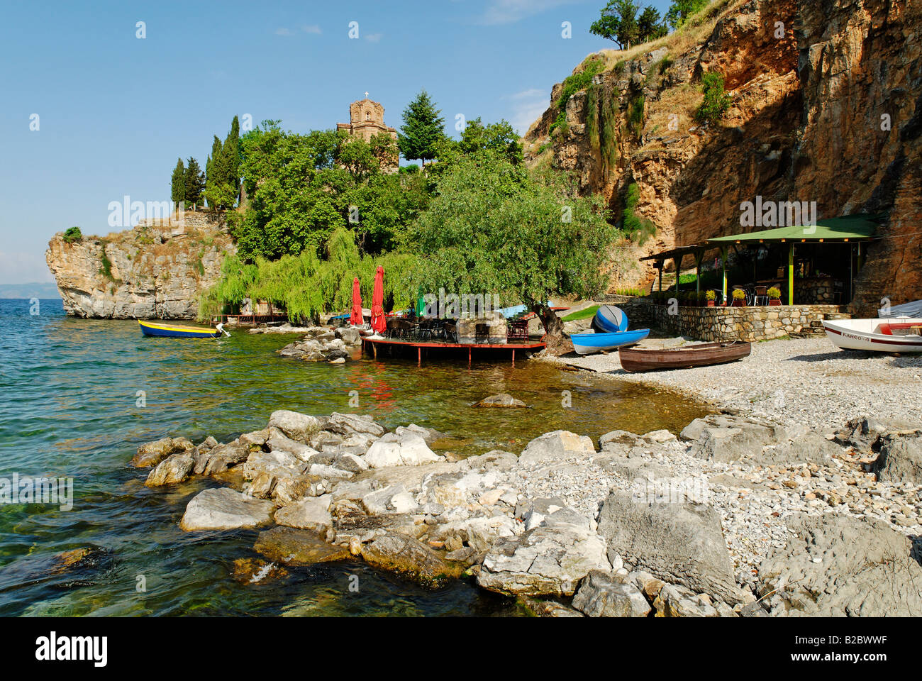 Byzantinische Kirche Sveti Jovan, Johannes von Kaneo am Ohrid-See, UNESCO World Heritage Site, Mazedonien, Europa Stockfoto