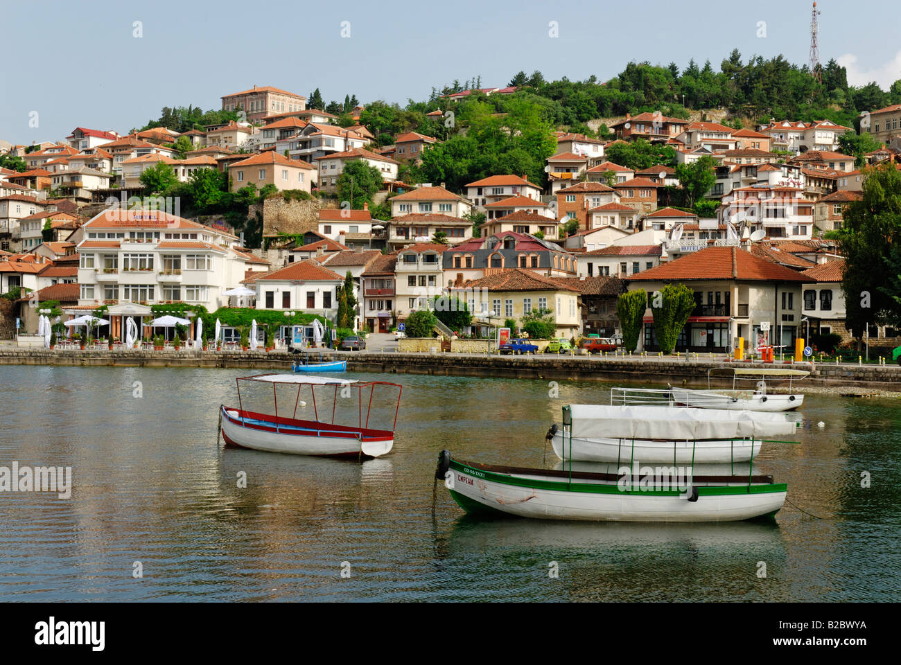 Hafen und Altstadt von Ohird auf den Ohridsee, UNESCO World Heritage Site, Mazedonien, Europa Stockfoto