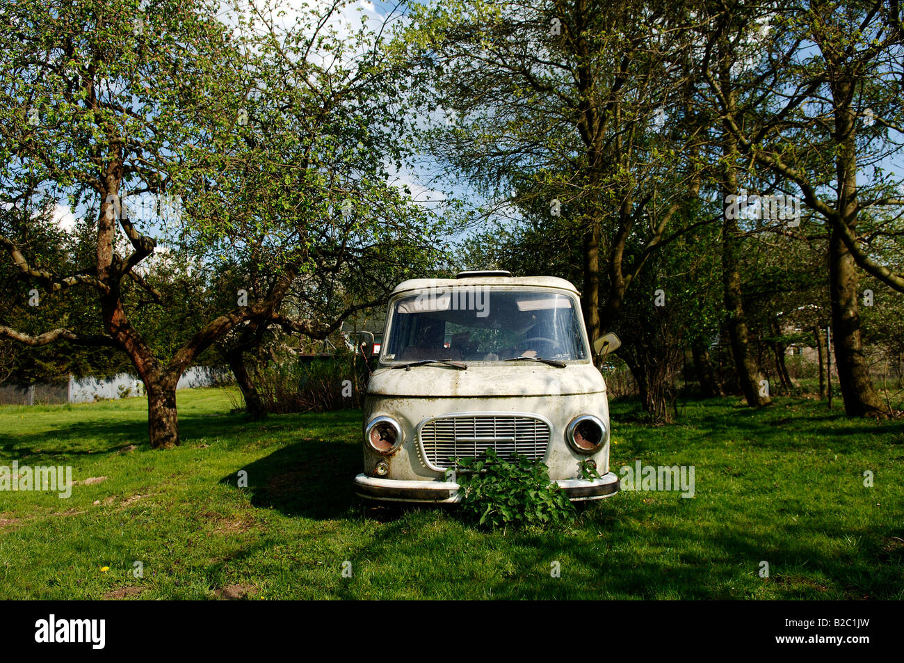 Alten Kleinbus aus der DDR in einem Obstgarten, Roegnitz, Mecklenburg-Western Pomerania, Deutschland, Europa Stockfoto