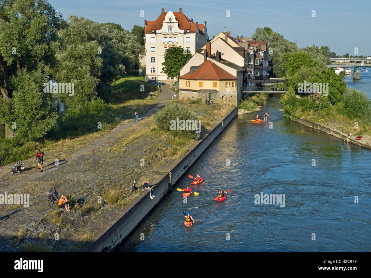 Kanuten Paddler auf der Donau bei REGENSBURG Flussufern Banken Altstadt Sport Kanu Paddel Mann Frauen Fluss Spaß Wasser w Stockfoto