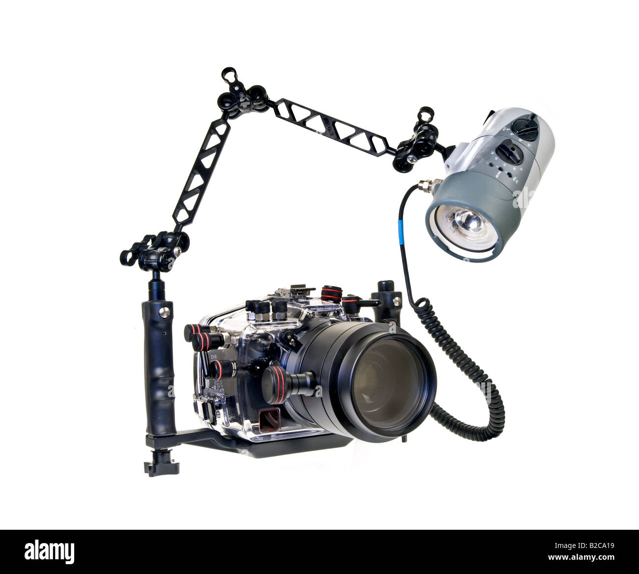 Unterwasser Camerahousing Gehäuse mit Kamera reflex single Lense reflex SLR Digitalkamera Blitz Makro port Stockfoto