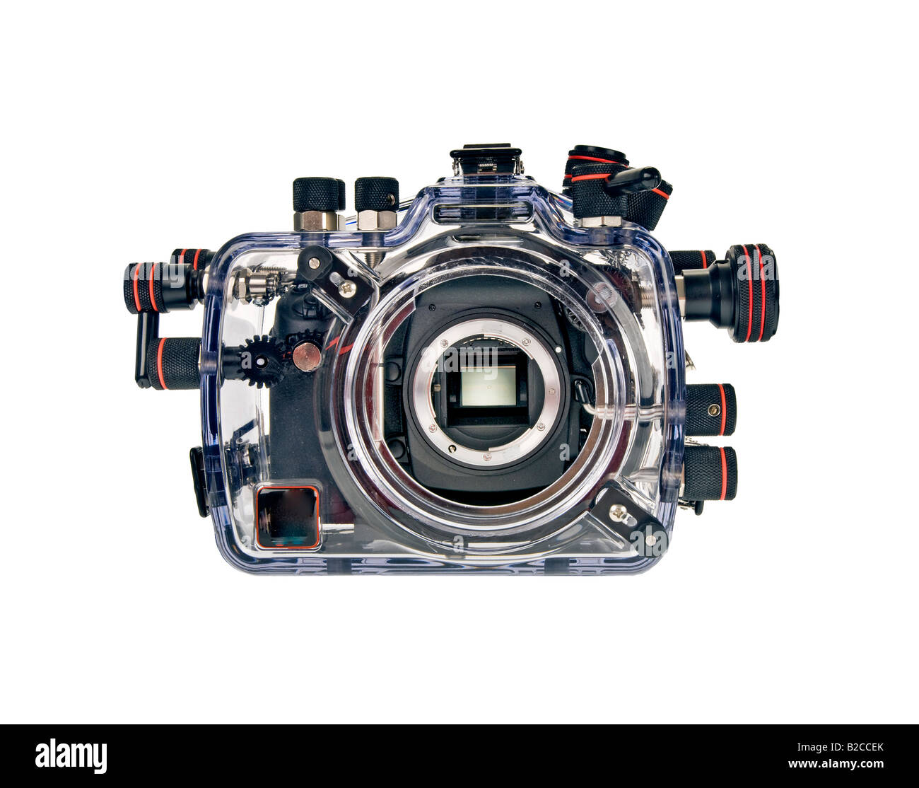 Unterwasser Camerahousing Gehäuse mit Kamera reflex single Lense reflex SLR Digitalkamera ohne Linse Blick in den Spiegel Stockfoto