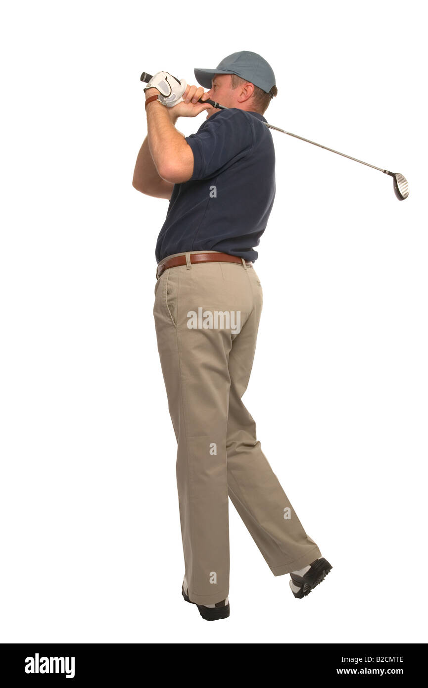 Studioaufnahme eines Golfers beobachten seiner Ballflug Stockfoto