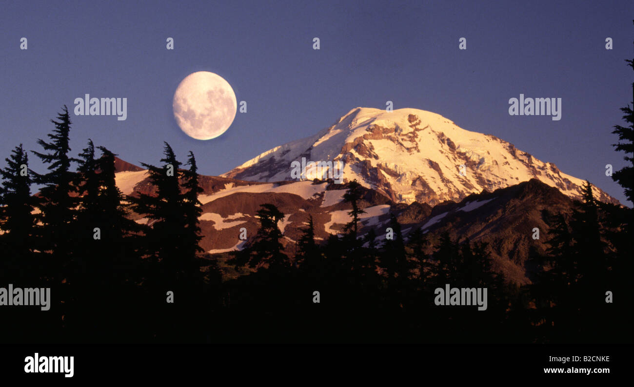 Mount Rainier vom Spray Park mit einem Vollmond steigt bei Sonnenuntergang in der Nähe von Mowich Lake Washington Mount Rainier National park Stockfoto