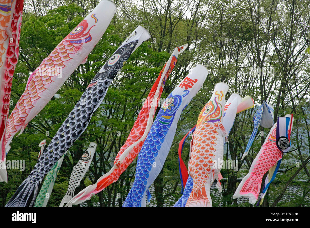 Karpfen Streamers(Koinobori) fliegen in einem Park in Kawaba Mura Dorf Gunma Japan Stockfoto