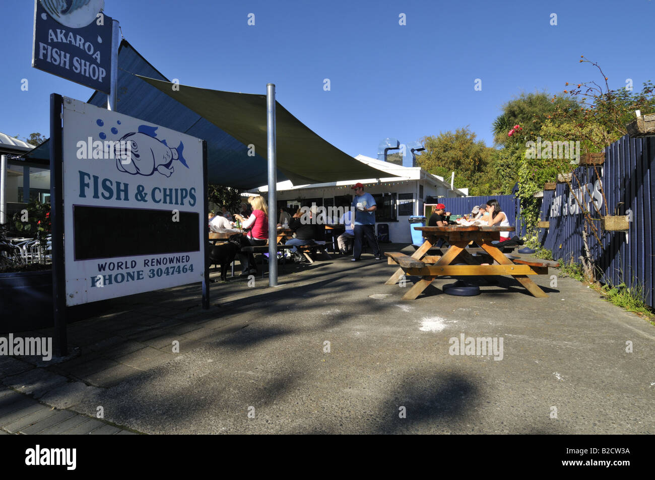 Akaroa Fish und Chips shop, Banken Halbinsel, Neuseeland Stockfoto