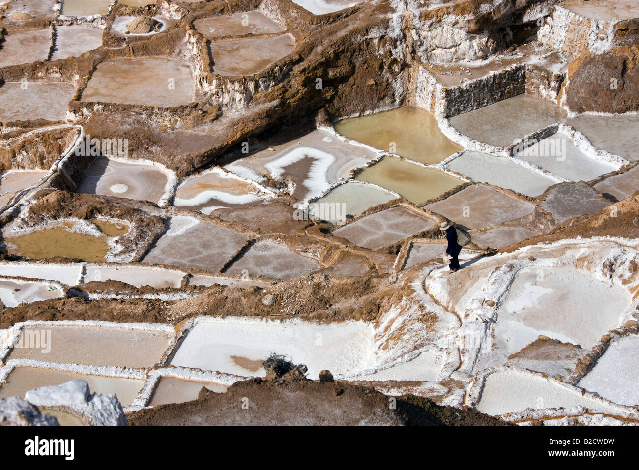 Lokale Mann arbeitet an der Maras Salinen an einem Berghang über dem Urubamba in Peru Stockfoto