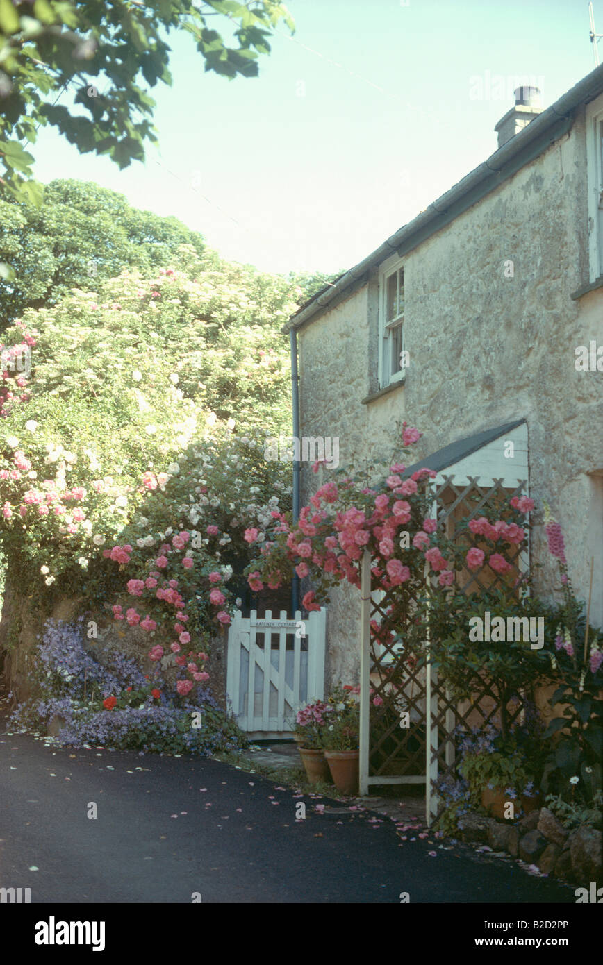 Seitliche Ansicht des Landhaus aus Stein mit rosa Kletterrosen auf weiße Rankgitter Veranda Stockfoto