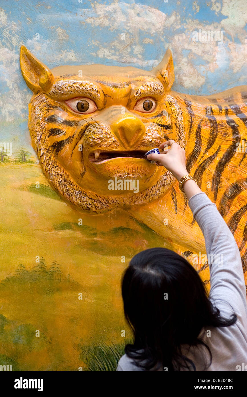 Eine Frau führt eine animistische Zeremonie in einem Tempel in Cholon in der Nähe von Ho-Chi-Minh-Stadt, Vietnam. Stockfoto