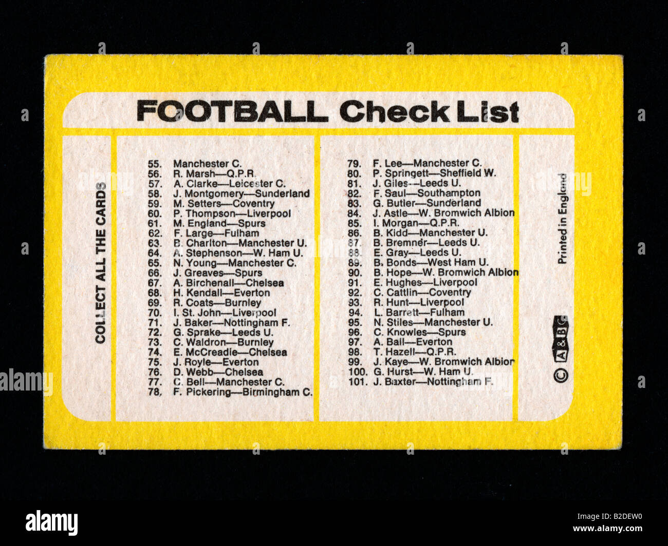 Bubble Gum Sammelkarte der Manchester City Fußball-Nationalmannschaft im Jahr 1968 von A & BC produziert Stockfoto