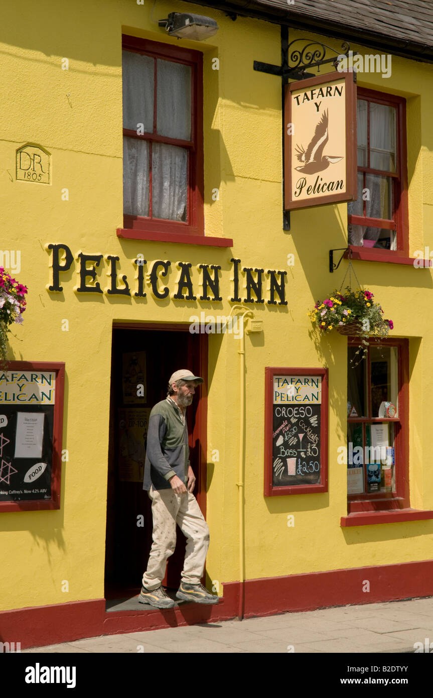 Mann zu Fuß aus der Kneipe: gelb lackiert Exterieur des The Pelican Inn in Newcastle Emlyn Carmarthenshire West Wales UK Stockfoto