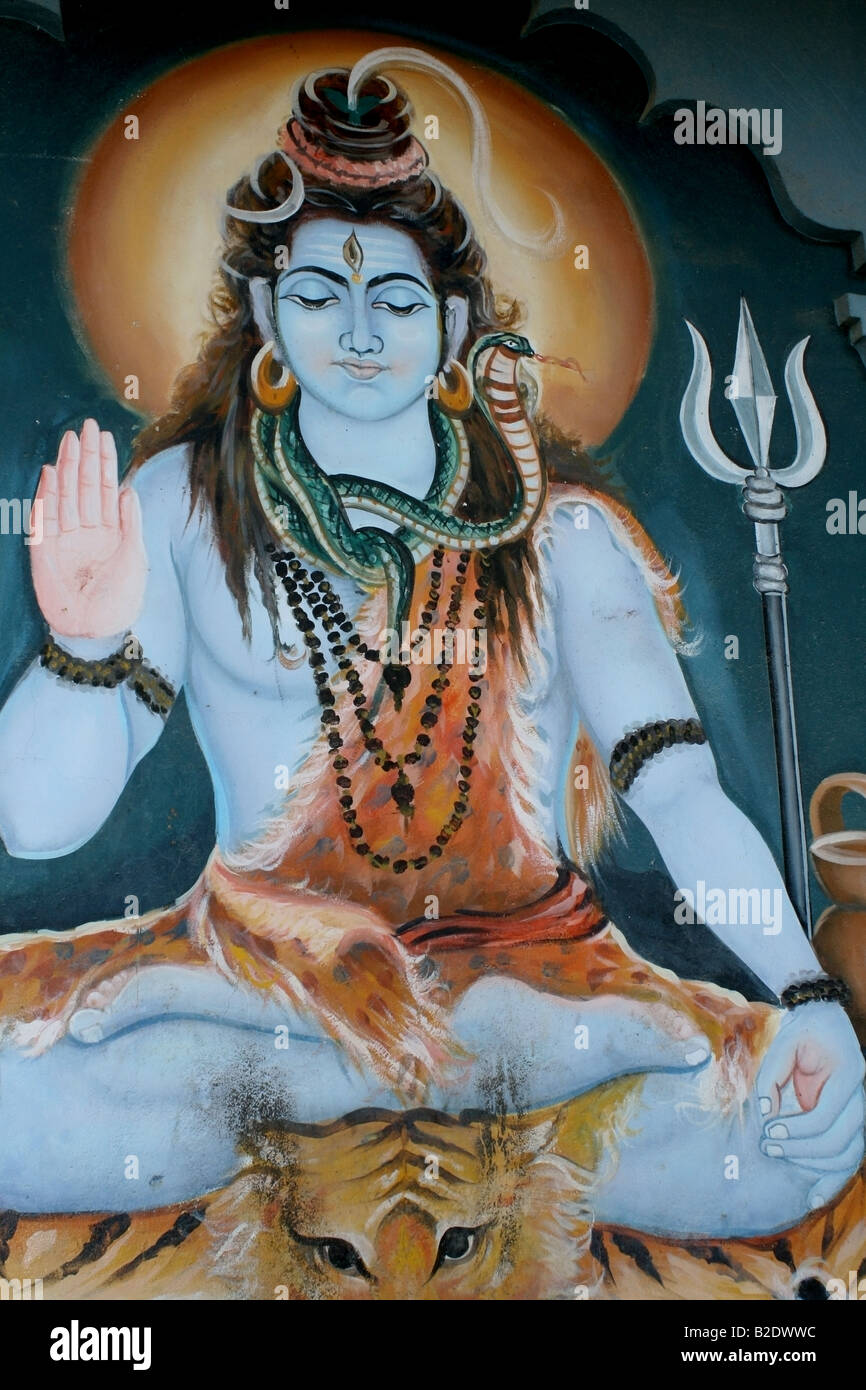 Tempel-Wandbild des Hindu-Gottes Shiva, Indien Stockfoto