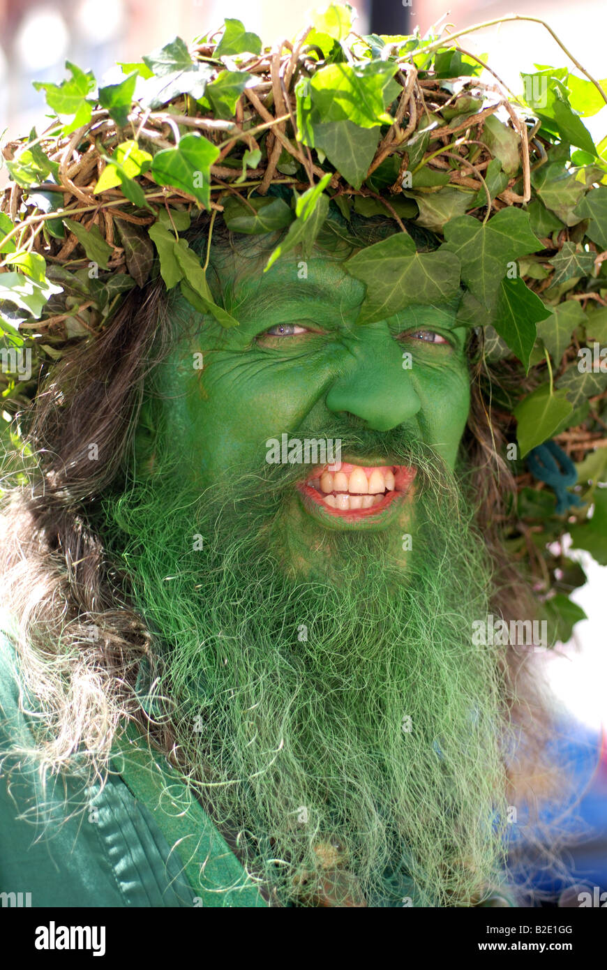 Der grüne Mann bei Warwick Volksfest, Warwickshire, England, UK Stockfoto