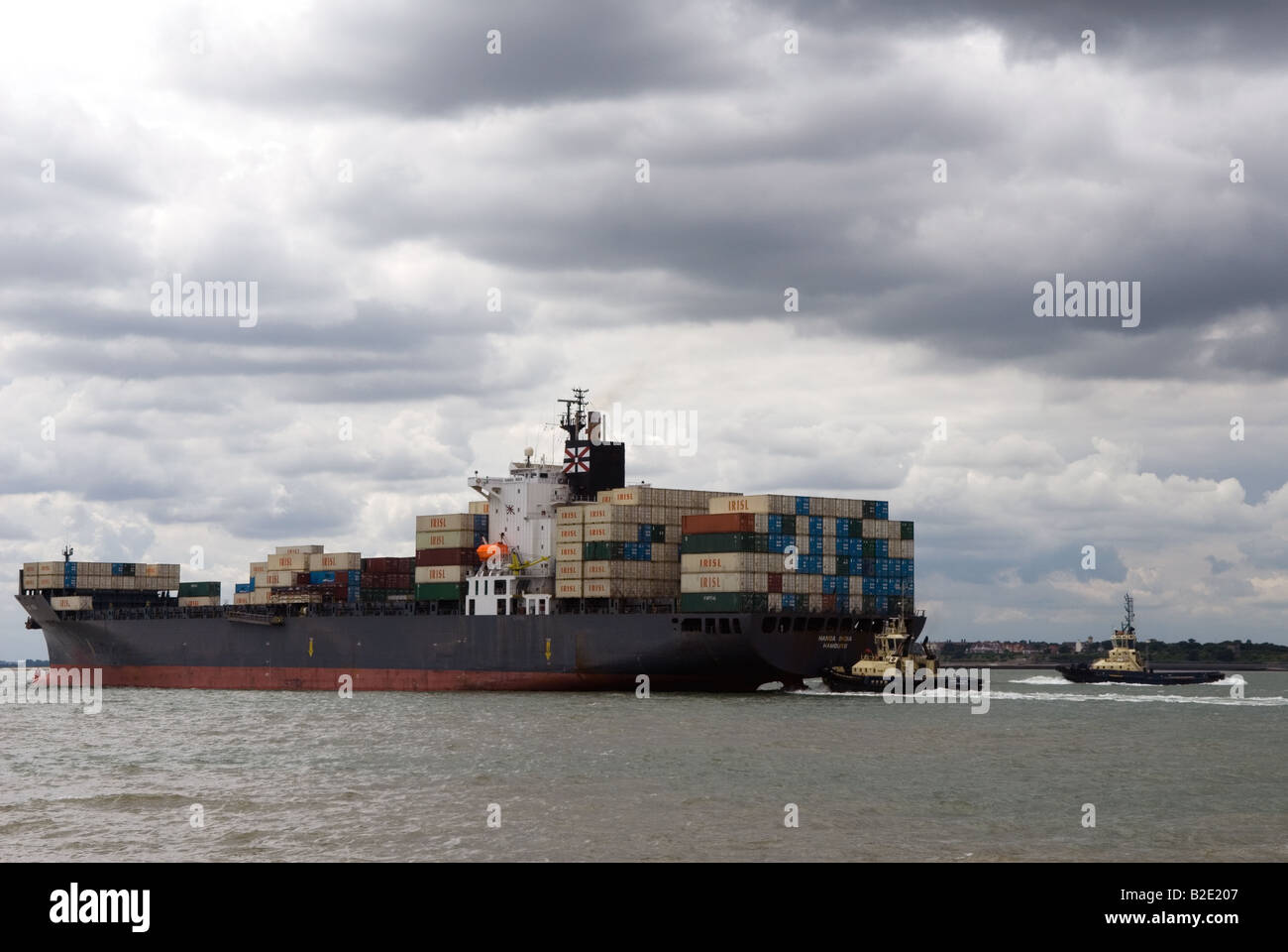 Containerschiff Hansa India, Hafen von Felixstowe, Suffolk, UK. Stockfoto